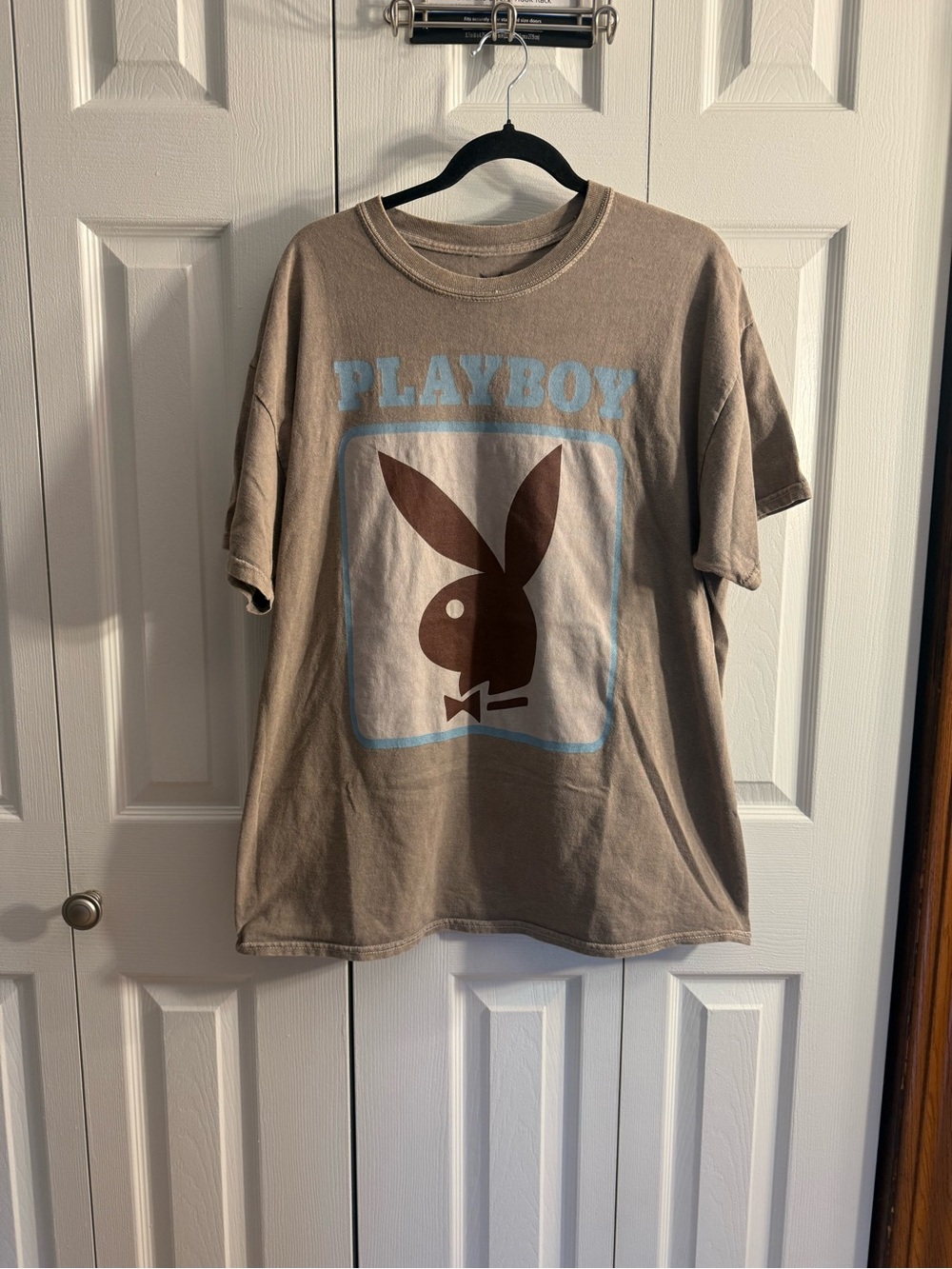 PLAYBOY Taupe Tee with Light Blue and Brown Logo